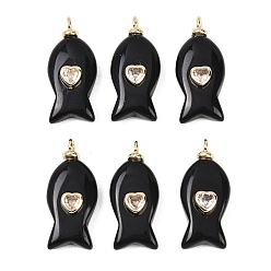 Обсидиан Природные подвески обсидиана, подвески в виде рыбок с латунной микрофиброй и фианитами, долговечный, реальный 18 k позолоченный, без кадмия и без свинца, 27x12x6 мм, отверстие : 2 мм