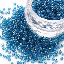 Steel Blue Glass Bugle Beads, Transparent Colours Luster, Steel Blue, 2.5~3x2mm, Hole: 0.9mm, about 15000pcs/pound