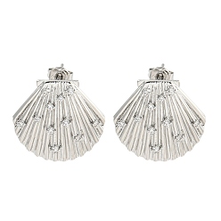 Платина Серьги-гвоздики из латуни с микропаве и кубическим цирконием, покрытие стойки, без кадмия и без свинца, долговечный, оболочка, четкая форма, платина, 20x21 мм