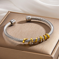 Oro & Acero Inoxidable Color Pulseras de acero inoxidable bicolor 304 Brazaletes abiertos con pedrería de cristal y nudo envolvente, acero color oro y acero, diámetro interior: 2.36 pulgada (6 cm)