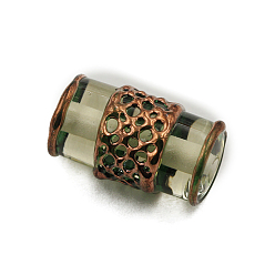 Dark Khaki Retro Czech Glass Beads, Red Copper Metal Grid Beads, Column, Dark Khaki, 16x8mm
