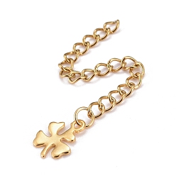Золотой 304 удлинитель цепи из нержавеющей стали, Снаряженная цепь, с 202 прелестей из нержавеющей стали, клевер, золотые, 62 мм, ссылка: 3.7x3x0.5 мм, клевер: 10.5x8x0.7 мм