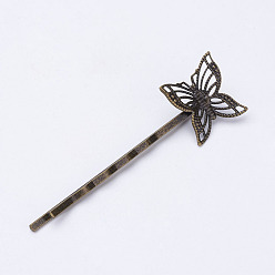 Bronze Antique Accessoires bobby épingle à cheveux en fer, avec les accessoires en filigrane en laiton, papillon, bronze antique, plateau: 17x16 mm, 60.5x2x6 mm