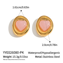 Oval 304 Stainless Steel Natural Rose Quartz Stud Earrings for Women, Golden, Oval, 20x16.1mm