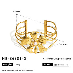 Настоящее золото 18K Полые браслеты-манжеты из хирургической нержавеющей стали с имитацией жемчуга для женщин., цветок, реальный 316 k позолоченный, внутренний диаметр: 18 дюйм (2.36 см)