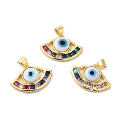 White Handmade Evil Eye Lampwork Pendants, with Brass Cubic Zirconia Finding, Cadmium Free & Lead Free, Real 18K Gold Plated, Fan Charm, White, 15x23x4.8mm, Hole: 3x4mm