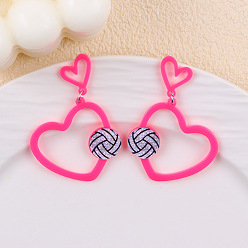 Камелия Акриловые серьги-подвески на спортивную тематику, сердце с волейболу, камелия, 57x36 мм