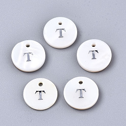 Letter T Natural Freshwater Shell Pendants, with Platinum Plated Iron Etched Metal Embellishments, Flat Round with Initial Letter, White, Letter.T, 11x2mm, Hole: 1.5mm