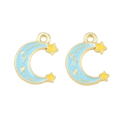 Cielo Azul Colgantes de la aleación del esmalte, Luna con encantos de estrellas, dorado, el cielo azul, 16x13x1 mm, agujero: 1.6 mm