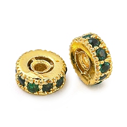 Зеленый Реечное покрытие латунь микро паве кубический цирконий распорные бусины, долговечный, без свинца и без кадмия, рондель, реальный 18 k позолоченный, зелёные, 4x2 мм, отверстие : 0.8 мм