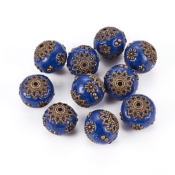 Dark Blue Handmade Indonesia Beads, with Antique Bronze Metal Color Alloy Cores, Round, Dark Blue, 13~14x14~16mm, Hole: 1~1.5mm