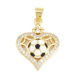 Сердце Футбольные латунные подвески с микропаве из кубического циркония, с эмалью, золотые, сердце, 27x18x6 мм, отверстие : 4x3 мм