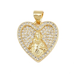 Настоящее золото 18K Латунные микро проложить кубического циркония подвески, без кадмия и без свинца, религия, сердце, реальный 18 k позолоченный, 18.5x18x3.5 мм, отверстие : 4.5x3.5 мм
