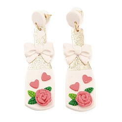 Floral White Vase with Flower Polymer Clay Dangle Stud Earrings, 304 Stainless Steel Earrings, Floral White, 74x20mm
