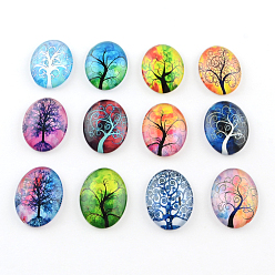 Mixed Color Tree Pattern Glass Oval Flatback Cabochons for DIY Projects, Mixed Color, 30x20x6mm
