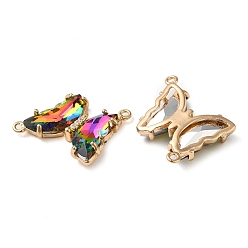 Colorful Brass Pave Faceted Glass Connector Charms, Golden Tone Butterfly Links, Colorful, 20x22x5mm, Hole: 1.2mm