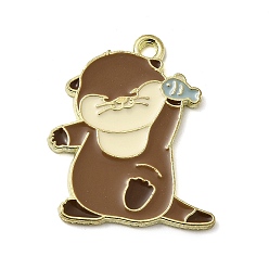 Кокосово-Коричневый Золотили эмали сплава подвески, выдра с рыбными талисманами, кокосового коричневый, 26x23x1.5 мм, отверстие : 1.8 мм