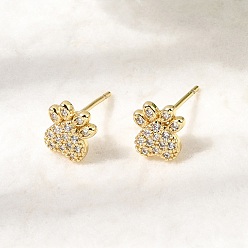 Настоящее золото 18K Серьги-гвоздики из латуни с микропаве в виде отпечатков лап и прозрачными кубическими циркониями., без кадмия и без свинца, долговечный, стойки покрытие, реальный 18 k позолоченный, 8x7.5 мм