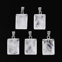 Хрусталь Природного кварца хрустальных подвесок, Граненые прямоугольные подвески из горного хрусталя, с защелкой из нержавеющей стали на поручнях, цвет нержавеющей стали, 19~20x11.5~12x5~6 мм, отверстие : 5.5x2.5 мм