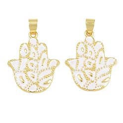 White Brass Pendants, with Enamel, Hamsa Hand Charms, Cadmium Free & Lead Free, Rack Plating, Long-Lasting Plated, Real 18K Gold Plated, White, 28.5x23x2mm, Hole: 4x6mm
