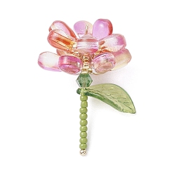 Светло-Вишневый Прозрачные стеклянные подвески, цветок, с круглой бусиной из перламутрового стекла и 304 петлей из нержавеющей стали, светло-вишневый, 36x29x24 мм, отверстие : 1.6 мм