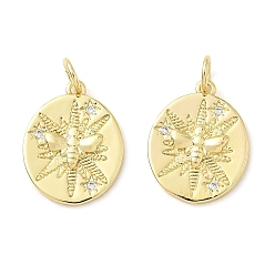 Настоящее золото 18K Латунные микропаве прозрачные подвески с фианитом, плоский круглый с пчелами, долговечный, без кадмия и без свинца, стойки покрытие, с целью перехода в кольце, реальный 18 k позолоченный, 17.5x13.5x2 мм, отверстие : 3.6 мм
