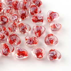 Красный Ручной светящихся внутренний цветок Lampwork бисер, сердце, красные, 15~16x15~16x9~10 мм, отверстие : 1~2 мм