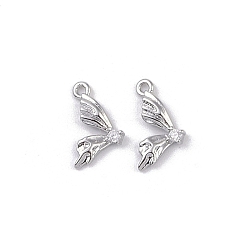 Real Platinum Plated Brass Micro Pave Clear Cubic Zirconia Pendants, Butterfly Wings Charms, Real Platinum Plated, 11x6x1.6mm, Hole: 0.8mm