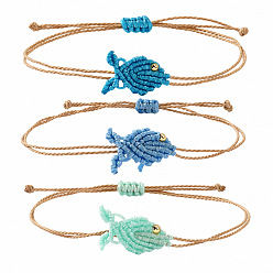 Mixed Color Ocean Adjustable Braided Wax Cord Fish Link Bracelet Sets with Brass Beads for Women, Adjustable Stackable Bracelets, Golden, Mixed Color, 11.02 inch(28cm), 3pcs/set