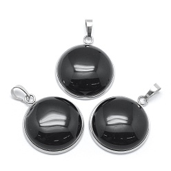 Obsidian Natural Obsidian Pendants, with 201 Stainless Steel Findings, Flat Round, Stainless Steel Color, 31x26.5x7.5mm, Hole: 5x8mm