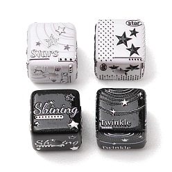 Black Y2K Style Printed Opaque Acrylic Beads, Cube with Star, Black, 14x14x14mm, Hole: 3.5mm