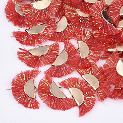Crimson Polyester Tassel Pendants, with Metallic Cord and Iron Findings, Fan Shape, Golden, Crimson, 17~20x30~34x2.5mm, Hole: 3x1mm