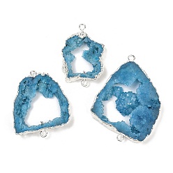Небесно-голубой Окрашенные натуральные друзы агата звенья, с латунной окантовкой, серебряный цвет гальваническим, голубой, 36.5~79x21~44x6.5~9 мм, отверстие : 2.5 мм