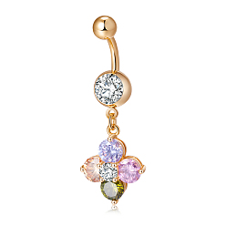 Farbig Piercing-Schmuck, Messing Zirkonia Nabel Ring, Bauchringe, mit chirurgischem Edelstahlstab, cadmiumfrei und bleifrei, golden, Blume, Farbig, 42x16 mm, Stange: 15 Spurweite(1.5mm), Stangenlänge: 3/8"(10mm)