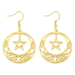 Real 18K Gold Plated 304 Stainless Steel Dangle Earrings for Women, Moon with Star, Real 18K Gold Plated, 41x30mm