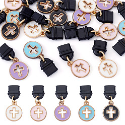 Mixed Color 15Pcs 5 Colors Alloy Enamel Mobile Plugs, Flat Round with Hollow Cross, Light Gold, Mixed Color, 27mm