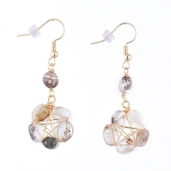 Natural Gemstone Wire Wrapped Natural Green Lodolite Quartz/Garden Quartz Dangle Earrings, with Brass Earring Hooks and Plastic Ear Nuts, Star, 53mm, Pin: 0.8mm