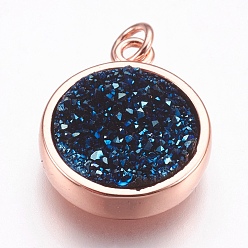 Marine Blue Brass Charms, with Druzy Resin Cabochon, Flat Round, Rose Gold, Marine Blue, 14x11.5x3mm, Hole: 2mm