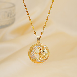 Золотой Ретро латунные паве блестящие кубические цирконии луна звезда лицо кулон ожерелья, золотые, 15.75 дюйм (40 см)