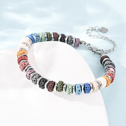 Stainless Steel Color Chakra Dyed Natural Lava Rock Heishi Beaded Bracelets, with Synthetic Non-magnetic Hematite Beads and 304 Stainless Steel End Chain, Colorful, Stainless Steel Color, 6.69 inch(17cm)