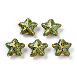 Светло-зеленый Коричневый Фарфоровые бусины ручной работы, фантазии античного стекла фарфора, керамические бусины в виде морских звезд, оливковый, 18.5~20.5x21~22x8.5~10 мм, отверстие : 1.8~2.5 мм