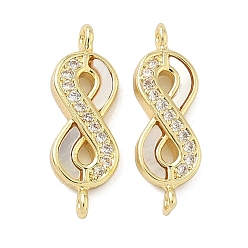 Настоящее золото 16K Подвески-коннекторы Infinity Links из натуральной ракушки, с латунными микропаве прозрачных кубических цирконий, реальный 16 k позолоченный, 20x6.5x2.5 мм, отверстие : 1.2 мм