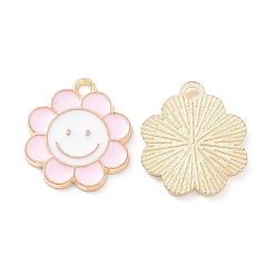 Pink Подвески из эмали и сплава, цветок с улыбающимся личиком, золотой свет, розовые, 18.5x16x1.5 мм, отверстие : 1.8 мм