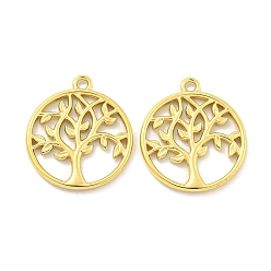 Настоящее золото 18K Вакуумное покрытие pvd 304 подвески из нержавеющей стали, плоская круглая с подвеской дерево жизни, реальный 18 k позолоченный, 18x16x1.5 мм, отверстие : 1.4 мм