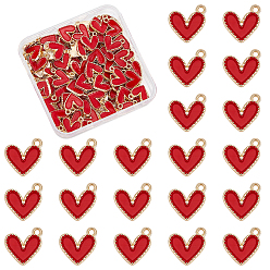 Rouge 100 breloques en alliage d'émail, sans cadmium et sans nickel et sans plomb, or et de lumière, charme coeur, rouge, 14x13.5x2mm, Trou: 1.5mm