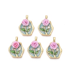 Аква Латунь эмаль подвески, шестиугольные и цветочные подвески, с использованием смолы и микропаве из прозрачного кубического циркония, реальный 18 k позолоченный, вода, 22x19x6.5~7.5 мм, отверстие : 5x2.5 мм