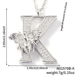 Letter K Ожерелья с подвесками из латуни с прозрачным кубическим цирконием и микропаве, платина, Письмо K, 15.75 дюйм (40 см), Кулон : 29.5x24.5 мм