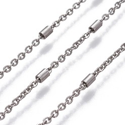 Stainless Steel Color Tarnish Resistant 304 Stainless Steel Cable Chains, with Column Beads, Unwelded, Flat Oval, Stainless Steel Color, 2x1.5x0.2mm