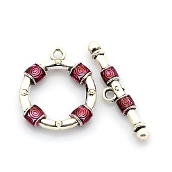 Dark Red Antique Silver Tone Alloy Enamel Ring Toggle Clasps, Dark Red, Ring: 29x25x5mm, Hole: 3mm, Bar: 8x38x5mm, Hole: 3mm