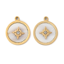 Настоящее золото 18K 304 нержавеющей стальной эмали подвески, со стразами, плоский круглый со звездными подвесками, вакуумное покрытие pvd, реальный 18 k позолоченный, 18x15x3 мм, отверстие : 1.6 мм
